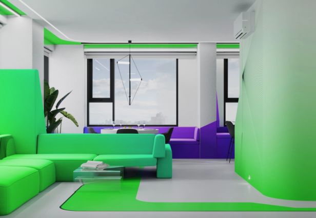 Découvrez l'intérieur de l'appartement coloré NEBO, conçu par Rustem Urazmetov. Source : Bureau de l'UR